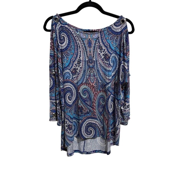Cable & Gauge Women‎ Cold Shoulder Paisley Print 3/4 Sleeve Tunic Top Size L - Picture 2 of 7